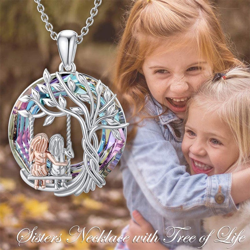 Tree of Life Sister on the Swing Crystal Pendant Necklace