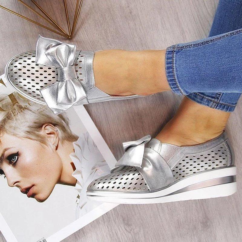 Women Casual Leather Flats BOWKNOT SNEAKERS